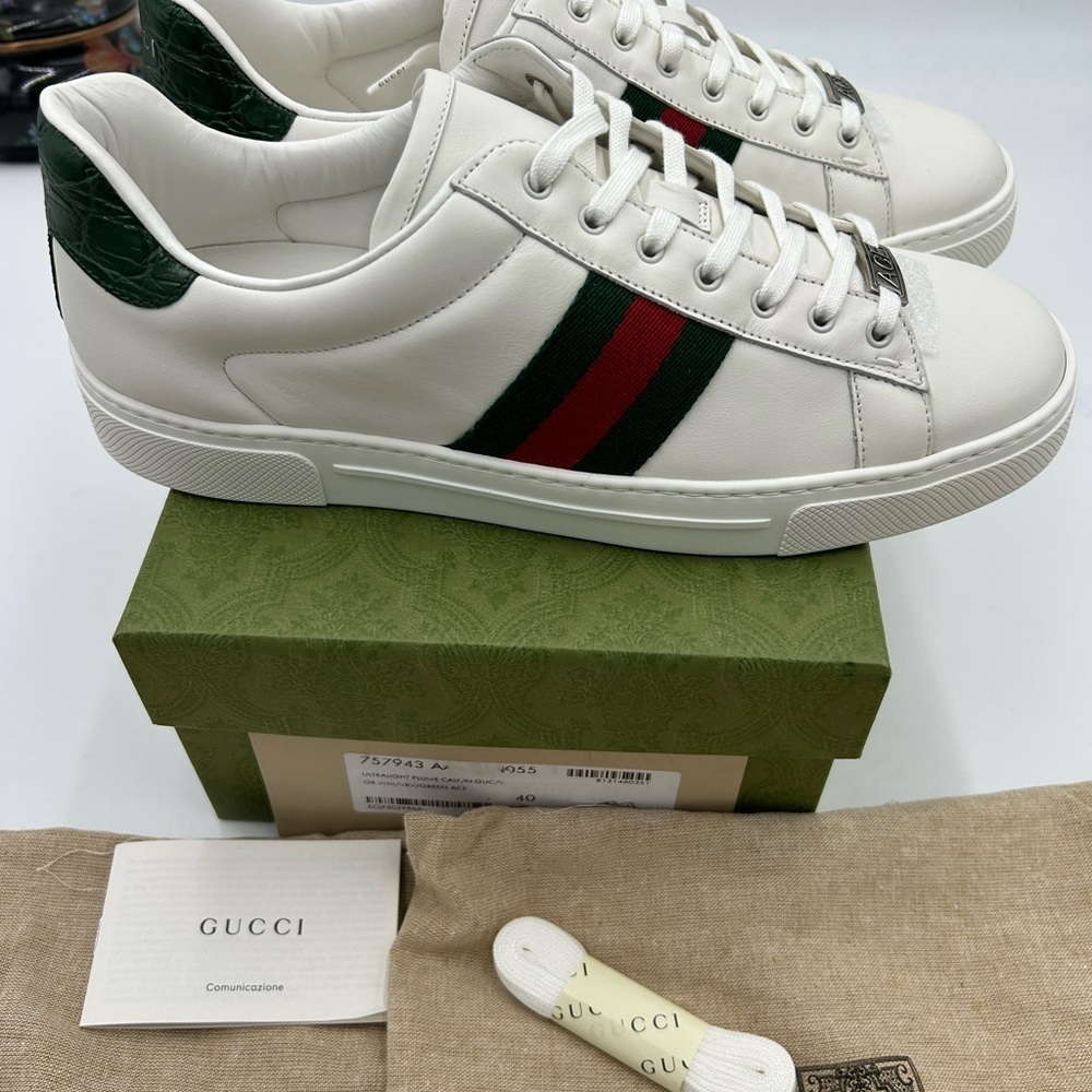 Women's Gucci, ace leather, web stripe sneakers size 40 made in Italy - Picture 12 of 13